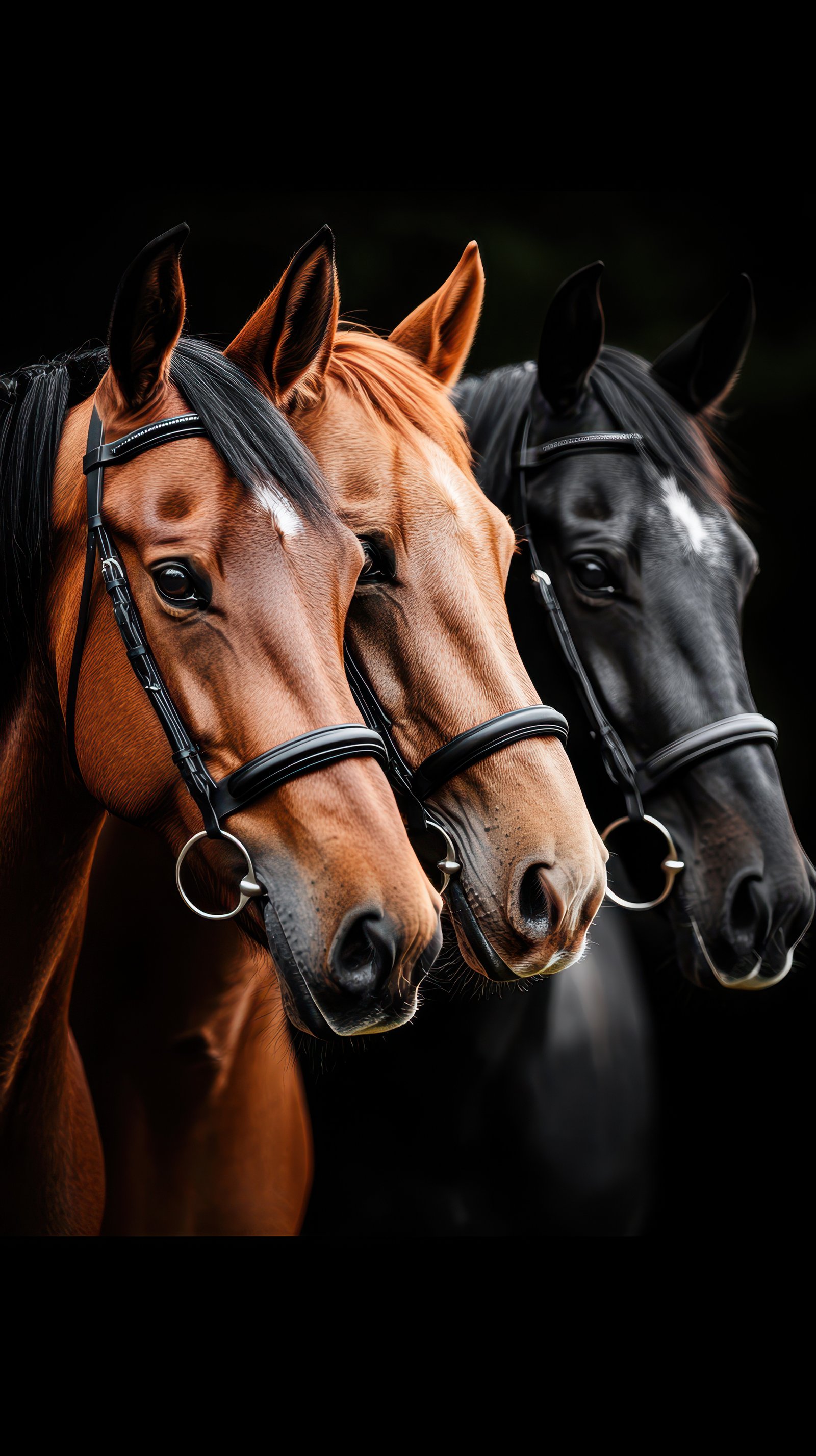 Three horses with elegant bridles standing side by side under soft lighting in a serene setting